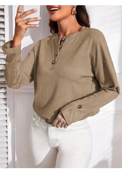 Üçaymoda Kadın Uzun Kollu V Yakalı Düğmeli Salaş Şardonlu Kaşkorse Bluz modelleri