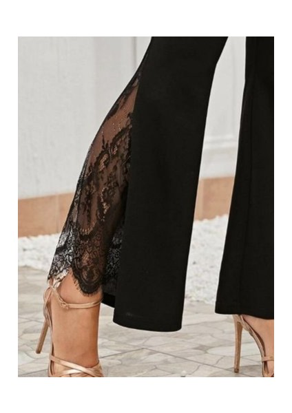 Üçaymoda Kadın Dantel Eklemeli Ispanyol Paça Scuba Tayt Pantalon