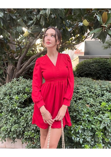 Üçaymoda Kadın Uzun Kollu V Yaka Belden Hafif Pileli Scuba Krep Mini Boy Elbise fiyatları