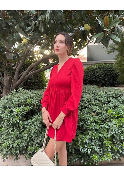 Üçaymoda Kadın Uzun Kollu V Yaka Belden Hafif Pileli Scuba Krep Mini Boy Elbise modelleri