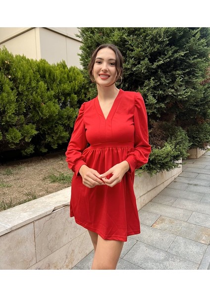 Üçaymoda Kadın Uzun Kollu V Yaka Belden Hafif Pileli Scuba Krep Mini Boy Elbise fırsatları