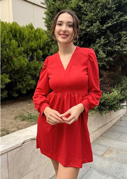 Üçaymoda Kadın Uzun Kollu V Yaka Belden Hafif Pileli Scuba Krep Mini Boy Elbise indirimleri