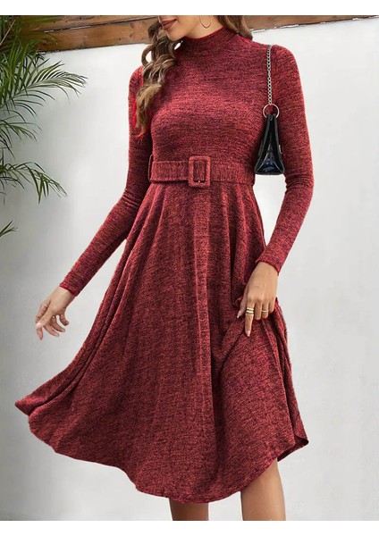 Üçaymoda Kadın Uzun Kollu Balıkçı Yaka Kemer Detaylı Yumoş Midi Elbise modelleri