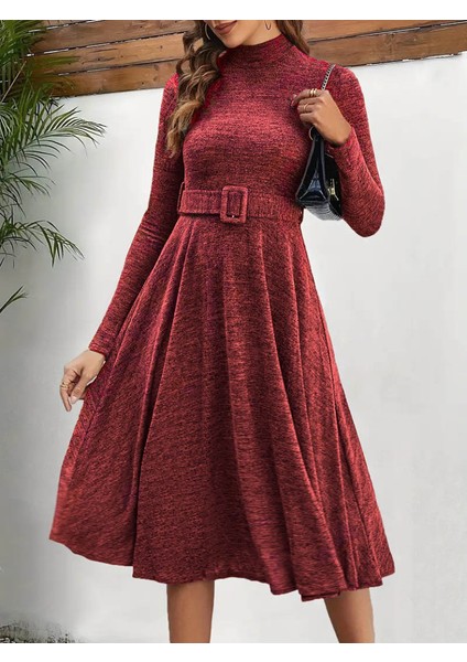 Üçaymoda Kadın Uzun Kollu Balıkçı Yaka Kemer Detaylı Yumoş Midi Elbise indirimleri