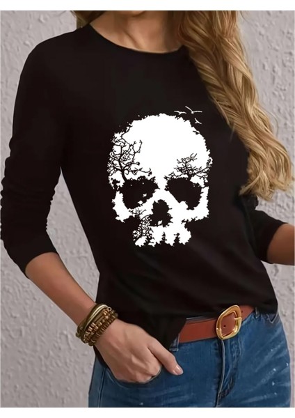 Üçaymoda Kadın Uzun Kollu Bisiklet Yaka Kurukafa Desenli Viskon Bluz