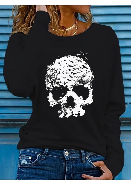 Üçaymoda Kadın Uzun Kollu Bisiklet Yaka Kurukafa Desenli Viskon Bluz fiyatları