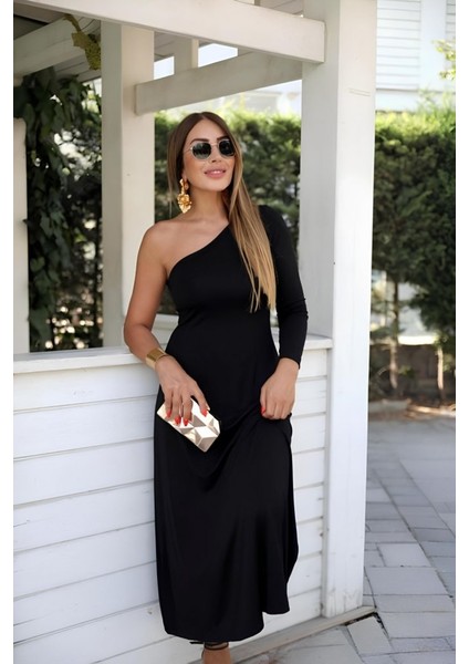 Üçaymoda Kadın Uzun Kollu Tek Omuz Detay Krep Elbise