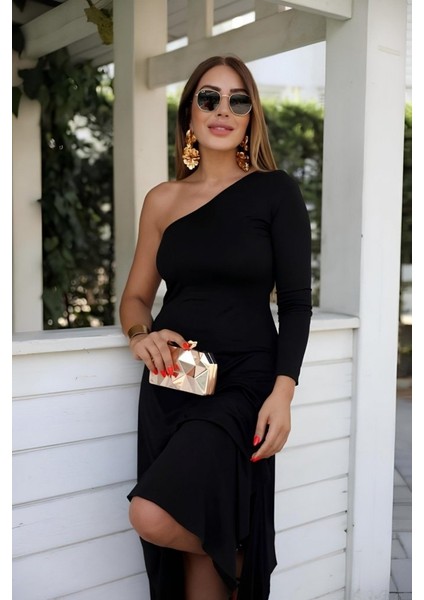 Üçaymoda Kadın Uzun Kollu Tek Omuz Detay Krep Elbise