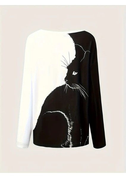 Üçaymoda Kadın Uzun Kollu V Yakalı Kedi Baskılı Şardonlu Dalgıç Bluz fırsatları