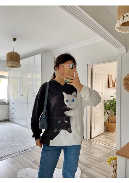 Üçaymoda Kadın Uzun Kollu Kapşonlu Bağcıklı Kedi Desenli Şardonlu Dalgıç Bluz