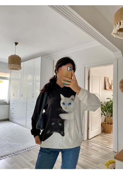 Üçaymoda Kadın Uzun Kollu Kapşonlu Bağcıklı Kedi Desenli Şardonlu Dalgıç Bluz fiyatları