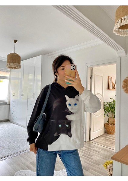 Üçaymoda Kadın Uzun Kollu Kapşonlu Bağcıklı Kedi Desenli Şardonlu Dalgıç Bluz modelleri