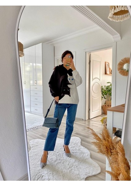 Üçaymoda Kadın Uzun Kollu Kapşonlu Bağcıklı Kedi Desenli Şardonlu Dalgıç Bluz fırsatları