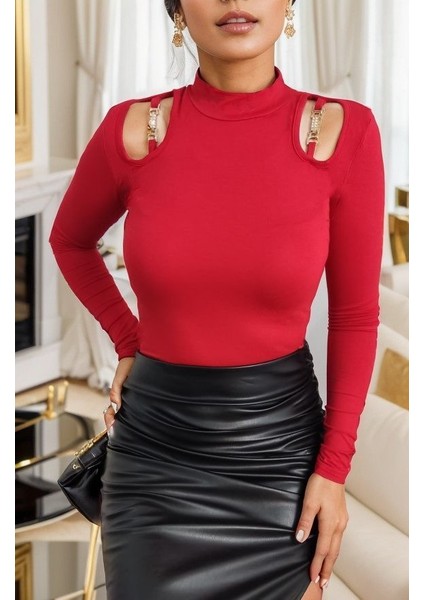 Üçaymoda Kadın Uzun Kollu Omuz Dekolte ve Aksesuar Detay Viskon Bluz indirimleri