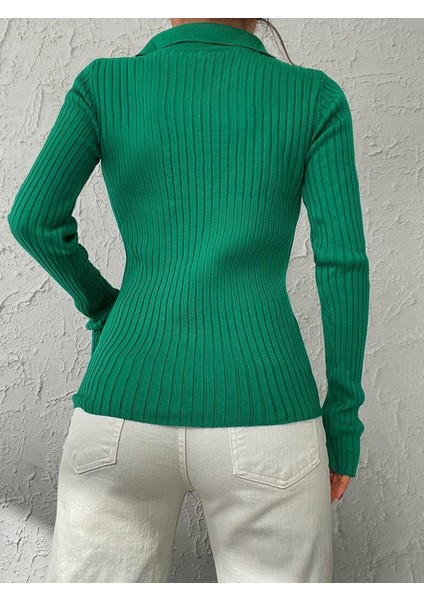 Üçaymoda Kadın Yeşil Polo Yaka Parmak Detay Triko Bluz 2047 fırsatları