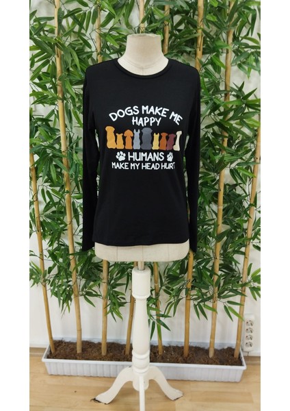 Üçaymoda Kadın Uzun Kollu Bisiklet Yaka Köpek Resimli Viskon Bluz fırsatları