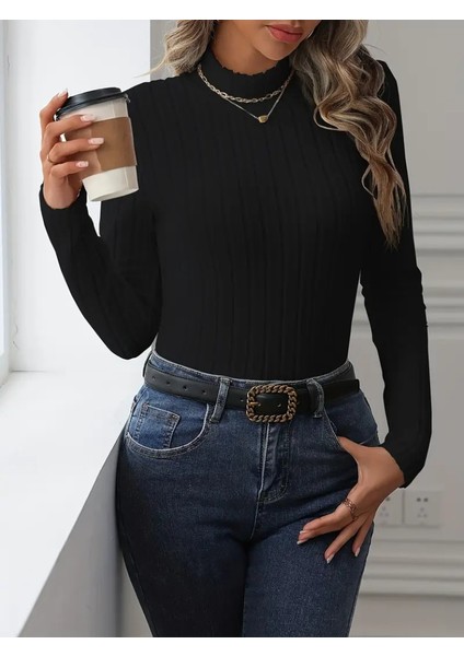 Üçaymoda Kadın Uzun Kollu Balıkçı Yaka Şardonlu Kaşkorse Bluz