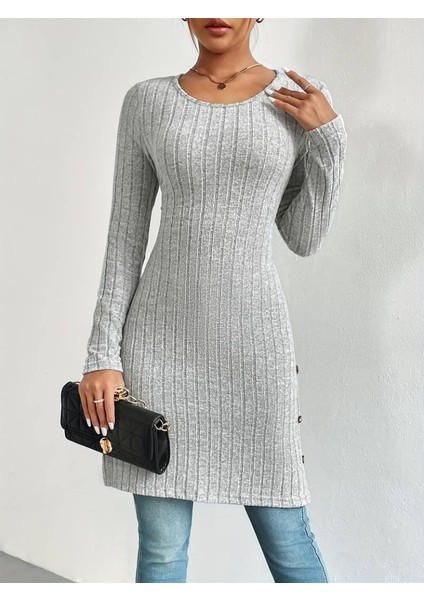 Üçaymoda Kadın Uzun Kollu Yuvarlak Yaka Yandan Yırtmaçlı Düğmeli Şardonlu Kaşkorse Bluz