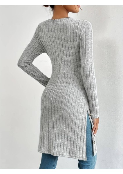 Üçaymoda Kadın Uzun Kollu Yuvarlak Yaka Yandan Yırtmaçlı Düğmeli Şardonlu Kaşkorse Bluz fırsatları