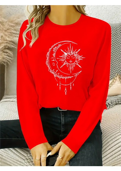 Üçaymoda Kadın Uzun Kollu Bisiklet Yaka Ay Baskılı Viskon Bluz