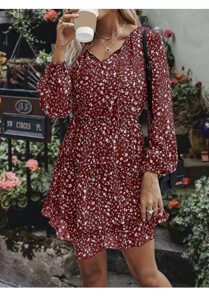 Üçaymoda Kadın Uzun Kollu V Yaka Bağcıklı Belden Gipeli Çiçek Baskılı Kısa Süprem Elbise fiyatları