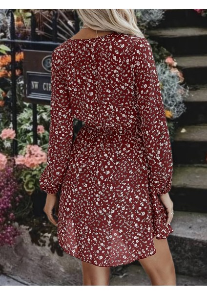 Üçaymoda Kadın Uzun Kollu V Yaka Bağcıklı Belden Gipeli Çiçek Baskılı Kısa Süprem Elbise modelleri
