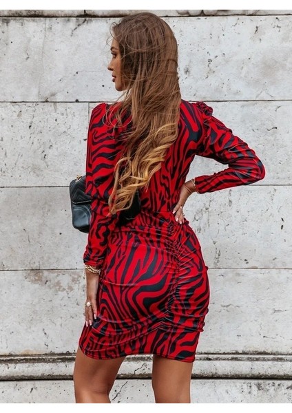 Üçaymoda Kadın Uzun Kollu Kruvaze Yaka Ön Kısım Büzgülü Zebra Desen Dalgıç Elbise