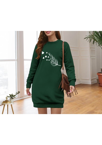 Üçaymoda Kadın Uzun Kollu Bisiklet Yaka Desenli Viskon Iki Iplik Elbise