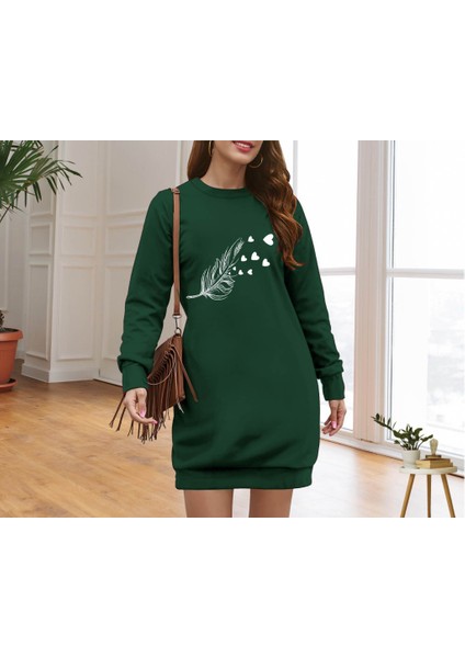 Üçaymoda Kadın Uzun Kollu Bisiklet Yaka Desenli Viskon Iki Iplik Elbise modelleri