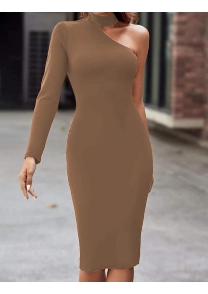 Üçaymoda Kadın Uzun Kollu Tek Omuz ve Kol Açık Detay Viskon Mini Boy Elbise indirimleri