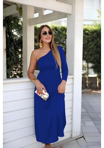 Üçaymoda Kadın Uzun Kollu Tek Omuz Detay Krep Elbise
