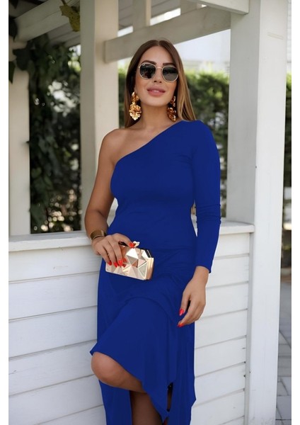 Üçaymoda Kadın Uzun Kollu Tek Omuz Detay Krep Elbise