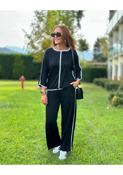 Üçaymoda Kadın Bisiklet Yaka Fakir Kol Biye Detay Bluz ve Yüksek Bel Lastikli Pantolon Ikili Takım