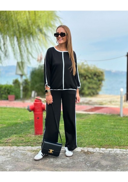 Üçaymoda Kadın Bisiklet Yaka Fakir Kol Biye Detay Bluz ve Yüksek Bel Lastikli Pantolon Ikili Takım modelleri