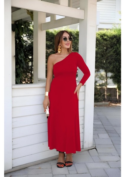Üçaymoda Kadın Uzun Kollu Tek Omuz Detay Krep Elbise