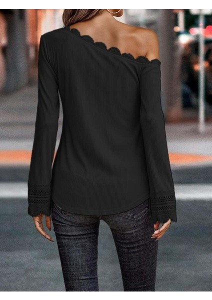 Üçaymoda Kadın Uzun Kollu Tek Omuzu Açık Dantelli Burgu Bluz modelleri