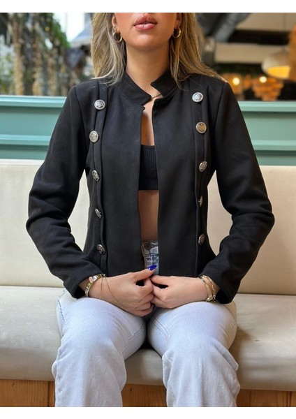 Üçaymoda Kadın Uzun Kollu Hakim Yaka Yanlardan Düğmeli Kısa Süet Ceket