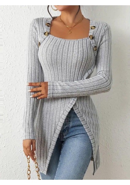 Üçaymoda Kadın Uzun Kollu Derin Kare Yaka Düğme Detay Şardonlu Kaşkorse Kruvaze Bluz