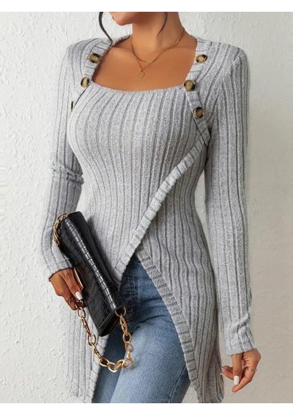 Üçaymoda Kadın Uzun Kollu Derin Kare Yaka Düğme Detay Şardonlu Kaşkorse Kruvaze Bluz fırsatları