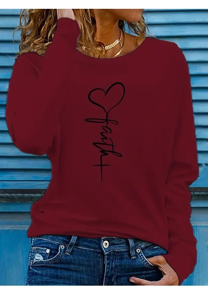 Üçaymoda Kadın Uzun Kollu Bisiklet Yaka Faith Baskılı Viskon Bluz