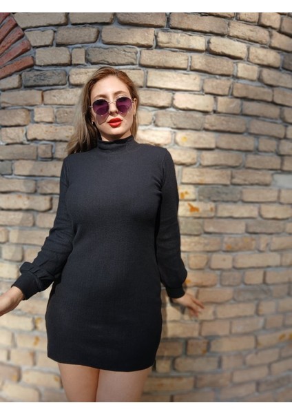 Üçaymoda Kadın Uzun Kollu Balıkçı Yaka Şardonlu Kaşkorse Elbise