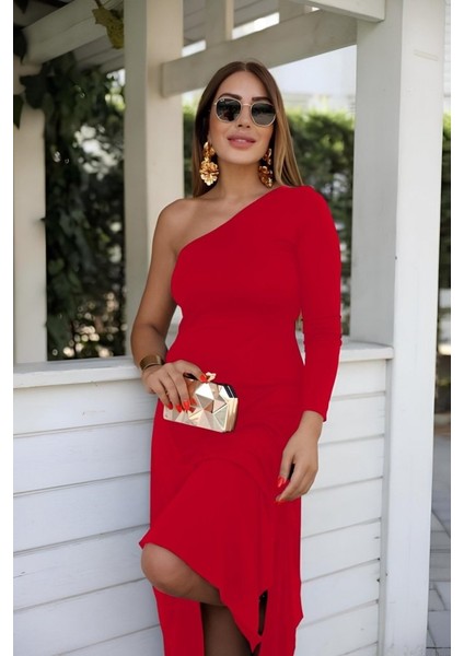 Üçaymoda Kadın Uzun Kollu Tek Omuz Detay Krep Elbise