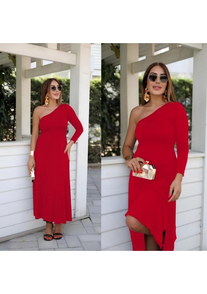 Üçaymoda Kadın Uzun Kollu Tek Omuz Detay Krep Elbise