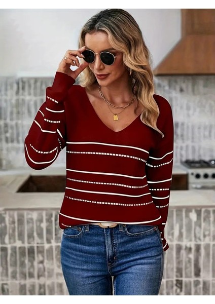 Üçaymoda Kadın Uzun Kollu Derin V Yakalı Çizgi Desenli Triko Bluz