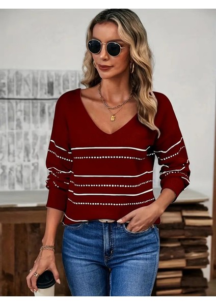 Üçaymoda Kadın Uzun Kollu Derin V Yakalı Çizgi Desenli Triko Bluz fiyatları