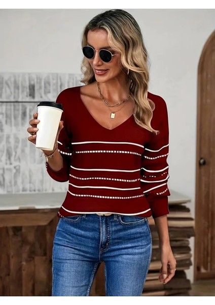 Üçaymoda Kadın Uzun Kollu Derin V Yakalı Çizgi Desenli Triko Bluz modelleri