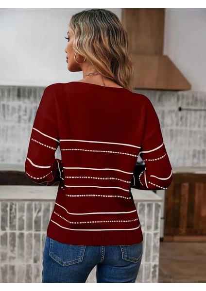 Üçaymoda Kadın Uzun Kollu Derin V Yakalı Çizgi Desenli Triko Bluz fırsatları