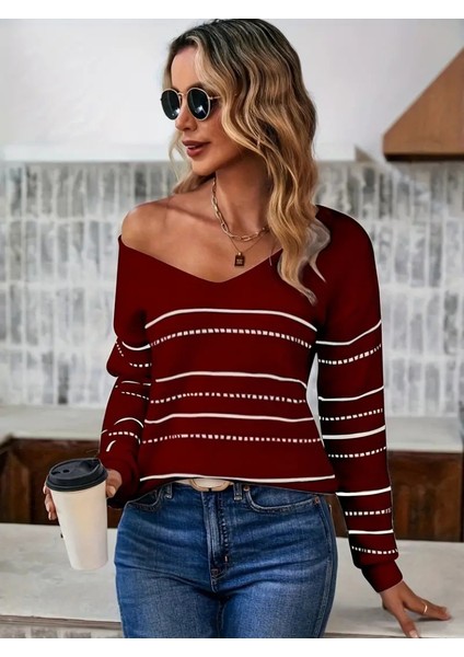 Üçaymoda Kadın Uzun Kollu Derin V Yakalı Çizgi Desenli Triko Bluz indirimleri