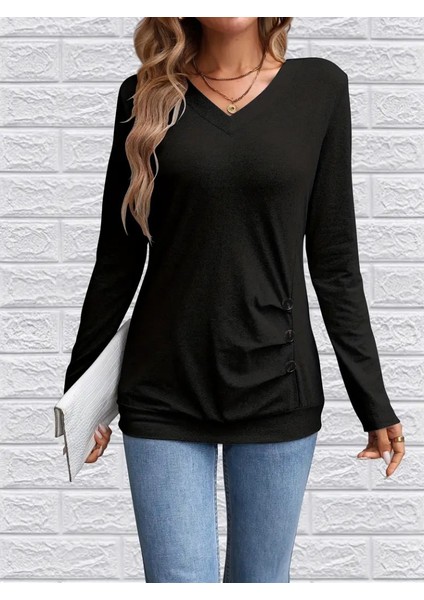 Üçaymoda Kadın Uzun Kollu V Yakalı Yandan Düğme Detay Yün Viskon Bluz