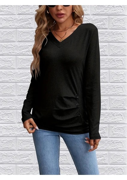 Üçaymoda Kadın Uzun Kollu V Yakalı Yandan Düğme Detay Yün Viskon Bluz fiyatları